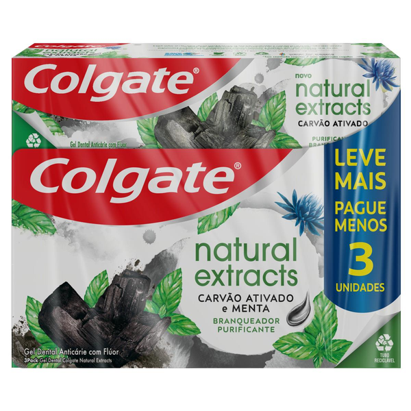 Pack Gel Dental Carvão Ativado Menta Colgate Natural Extracts Purificante Caixa 3 Unidades 90g Cada