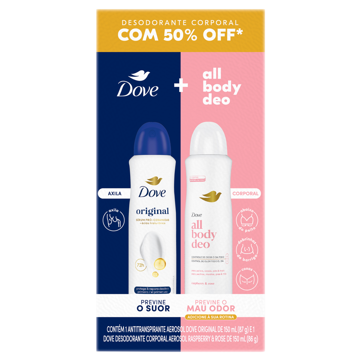 Kit Desodorante Original + Desodorante Raspberry & Rose All Body Deo Com 50% Off Aerossol Dove 150ml Cada Spray