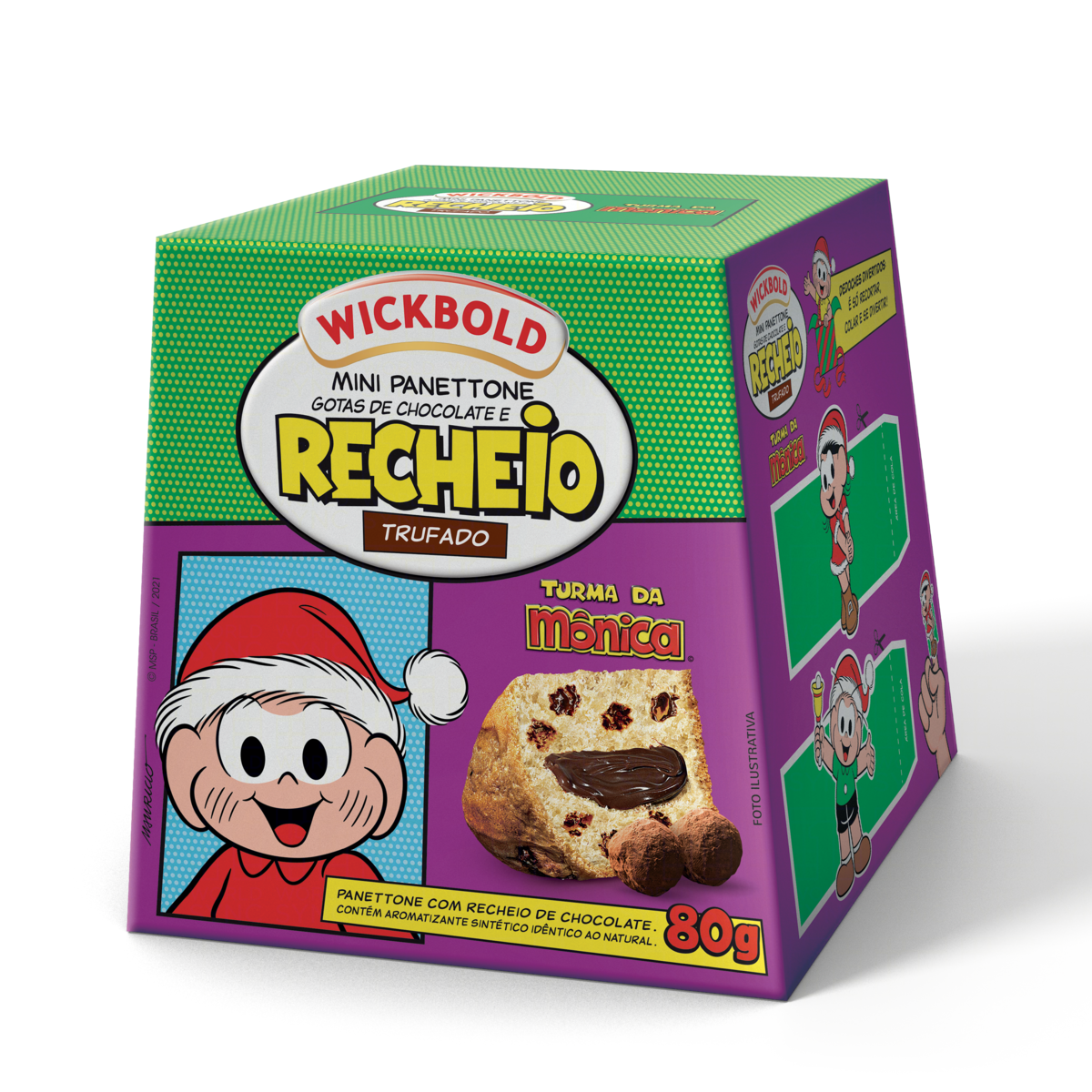 Mini Panettone com Gotas de Chocolate Recheio Trufado de Chocolate Turma da Mônica Wickbold Caixa 80g