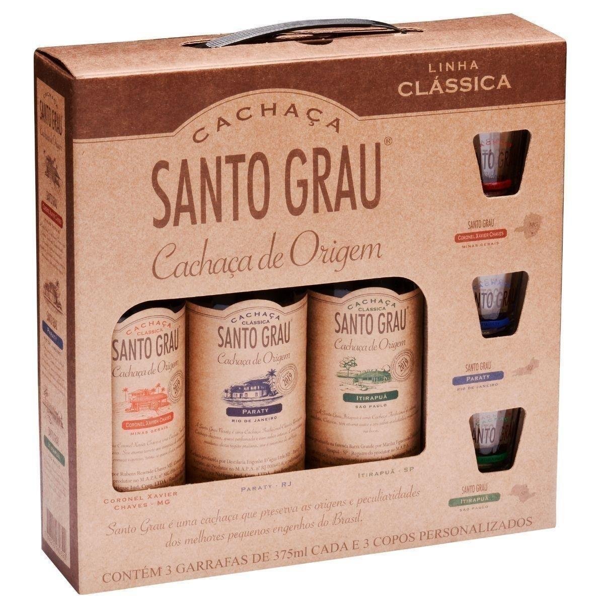 Kit Cachaça SANTO GRAU com 3 Garrafas + 3 Copos 375ml