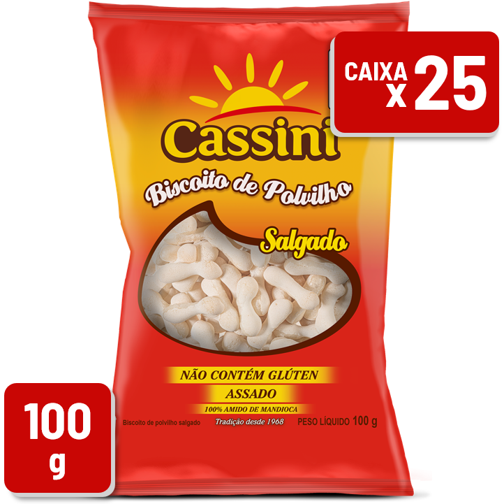 Biscoito de Polvilho Cassini Salgado Pacote 100g Caixa c/ 25 Un