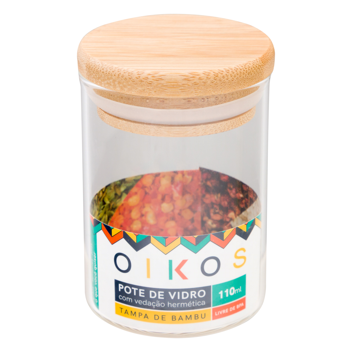 Pote Hermético Vidro com Tampa Bambu 110ml Oikos