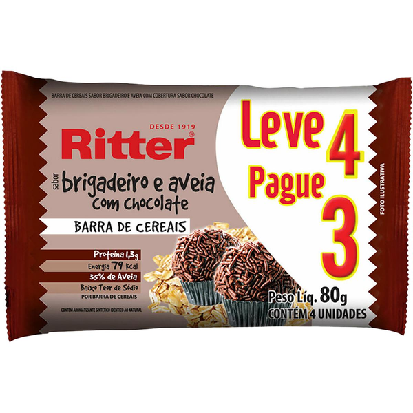 Barra de Cereal Ritter 80g - Brigadeiro e Aveia - Leve 4, Pague 3 Barras
