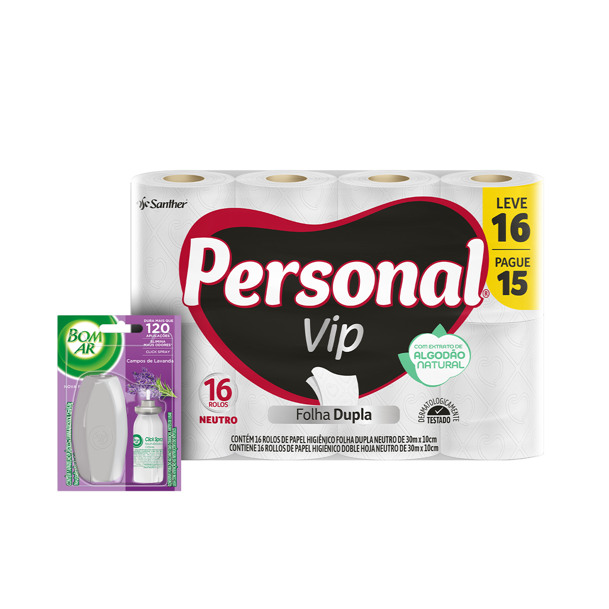 Kit Papel Higiênico Folha Dupla Neutro PERSONAL Vip Leve 16 Pague 15 Unidades + Aromatizador Bom Ar Click Spray Campos de Lavanda Aparelho com Refil 12ml
