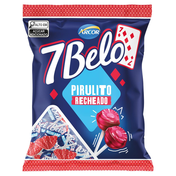Pirulito Framboesa Recheio Bala Mastigável 7 BELO Pacote 120g 10 Unidades