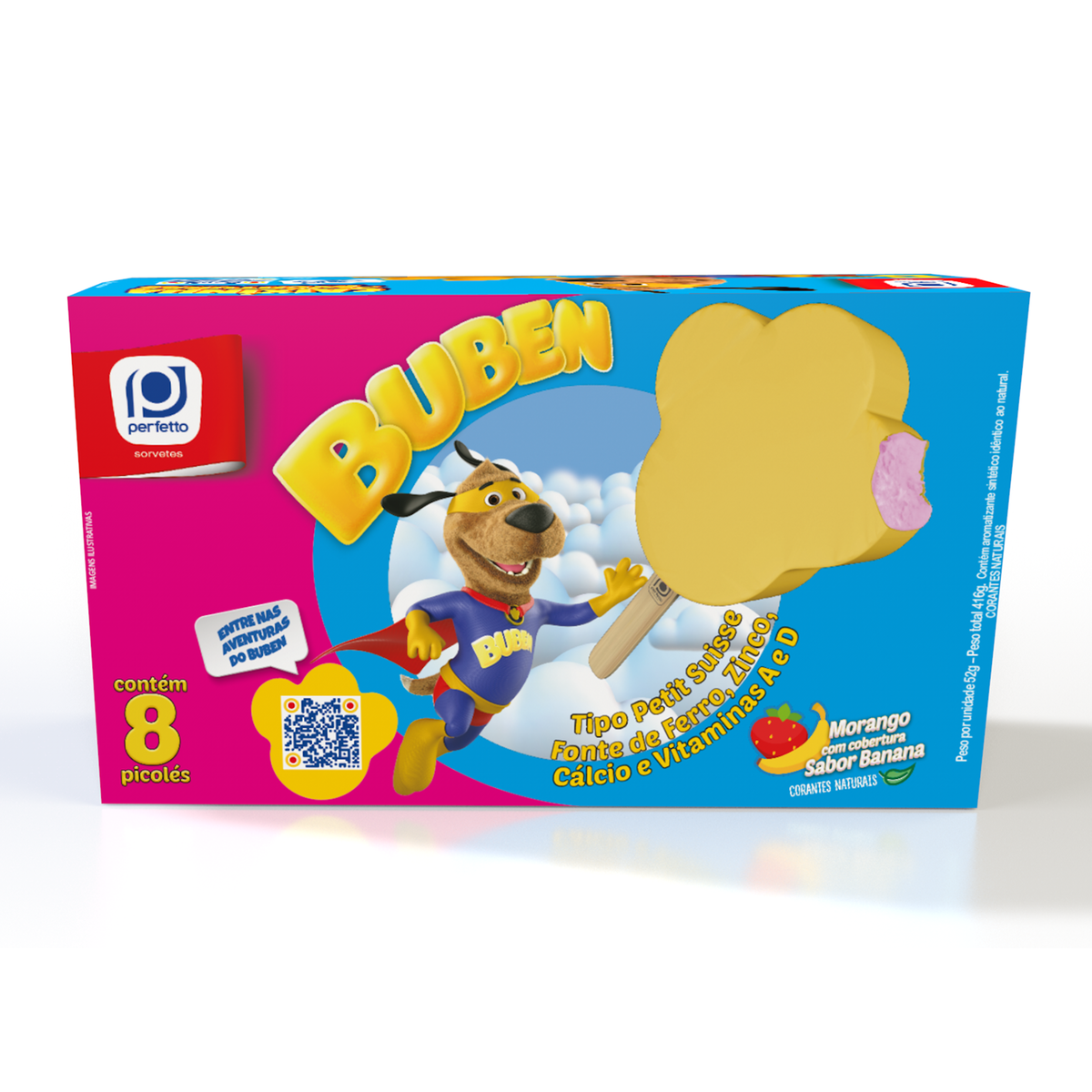 Pack Picolé Morango Cobertura Banana Buben Perfetto Caixa 416g 8 Unidades