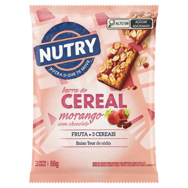 Barra de Cereais Nutry Morango Com Chocolate 22g - Multipack Com 3 Unidades - Com 3 Cereais e Fruta