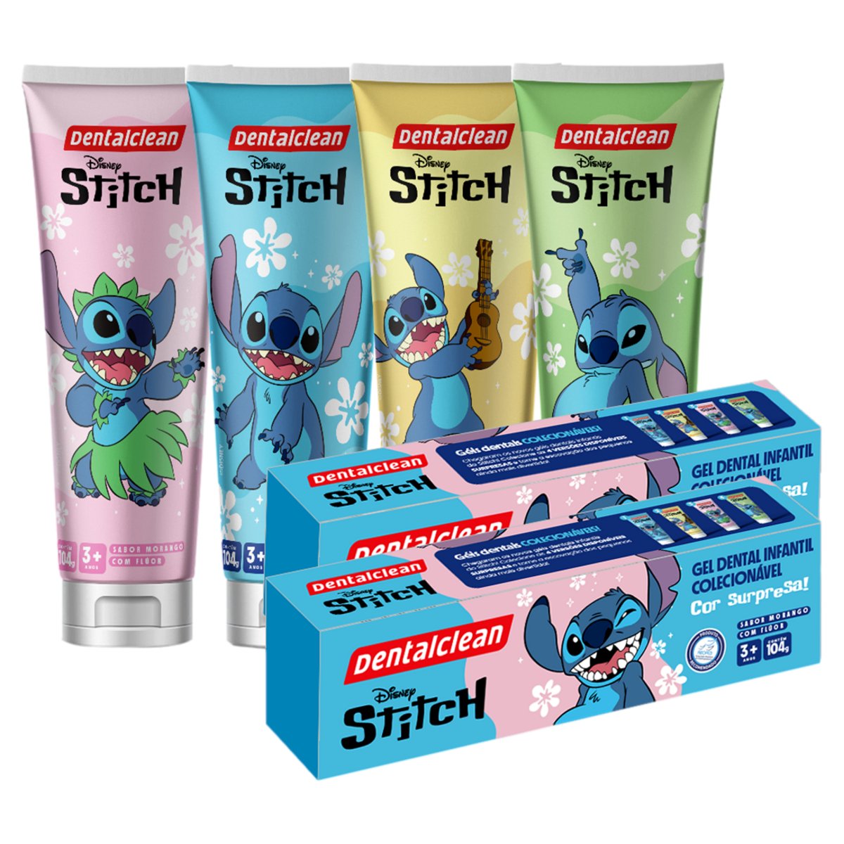 Gel Dental Infantil com Flúor Morango Stitch Dentalclean Caixa 104g