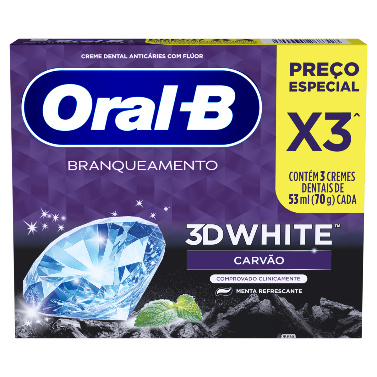 Pack Creme Dental Carvão Menta Refrescante Oral-B 3D White Caixa 3 Unidades 70g
