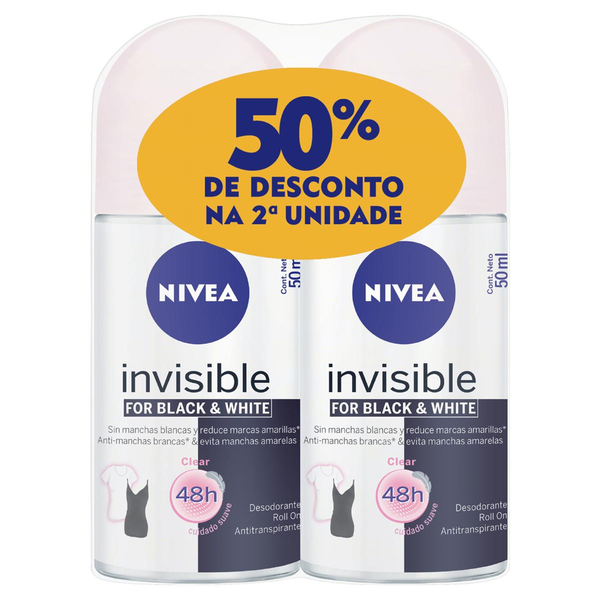Pack Antitranspirante Roll-On Nivea Invisible Black & White Clear 2 Unidades 50ml