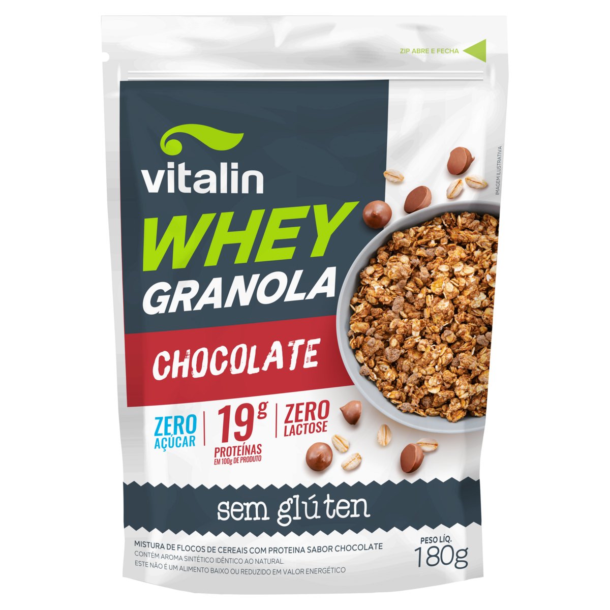 Granola Chocolate sem Glúten Zero Açúcar Vitalin Whey Pouch 180g