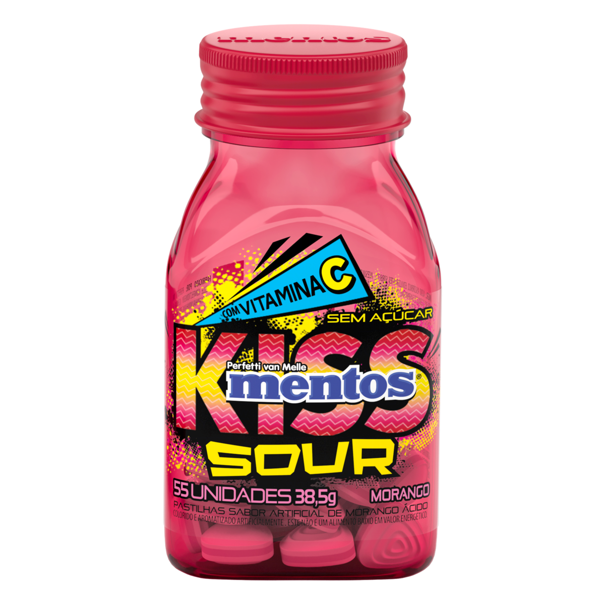 Pastilha Morango Zero Açúcar Mentos Kiss Sour Frasco 38,5g 55 Unidades