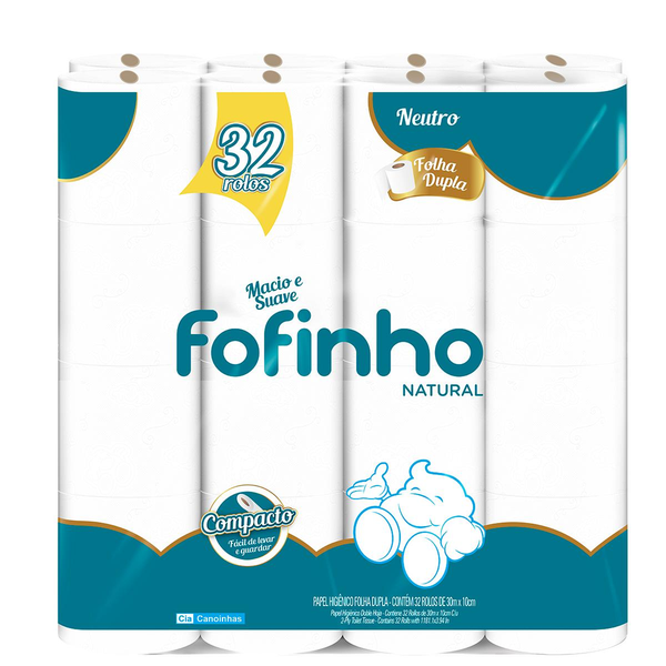 Papel Higiênico Fofinho 30m - Folha Dupla - Natural - Com 32 Rolos