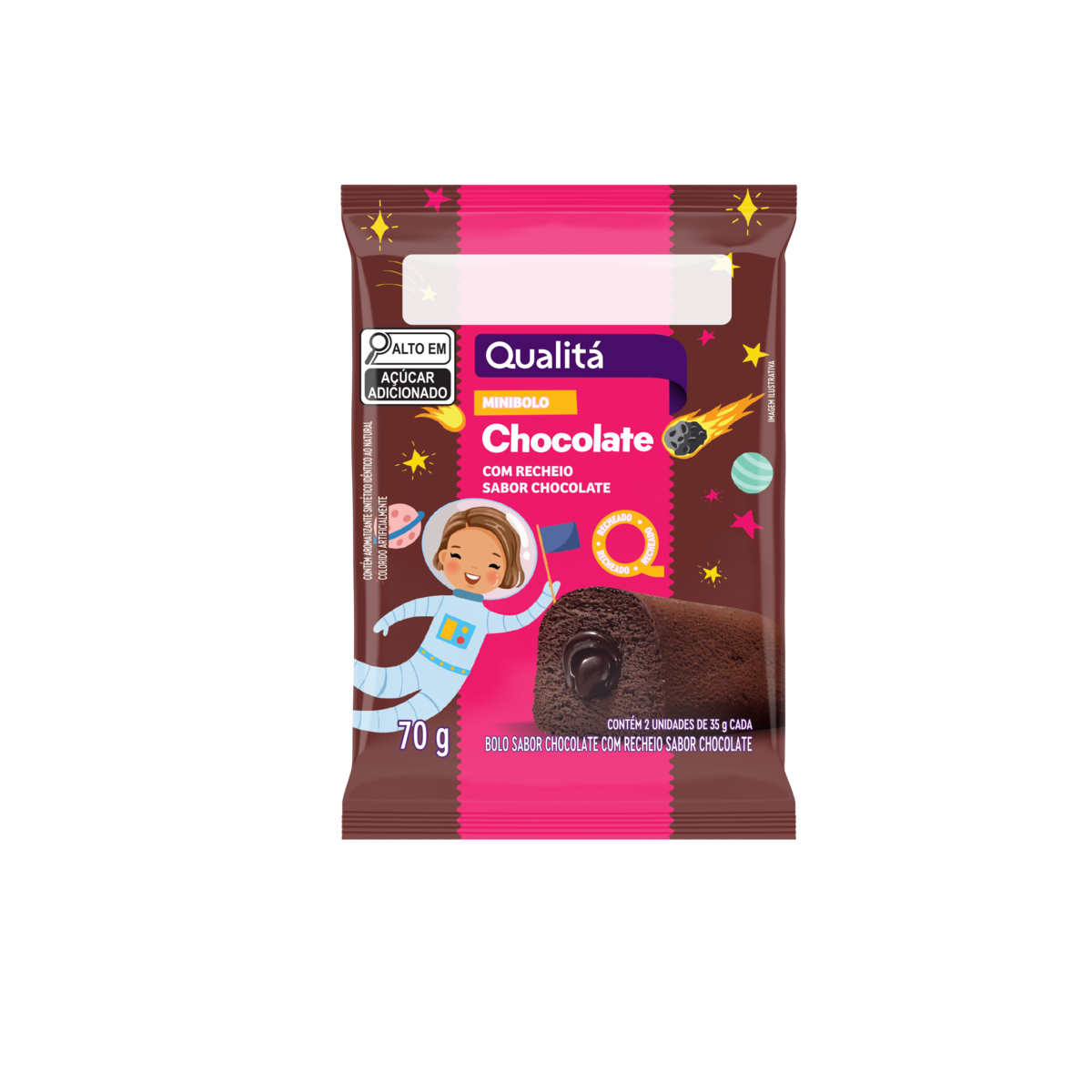 Minibolo Chocolate Recheio Chocolate Qualitá Pacote 70g 2 Unidades