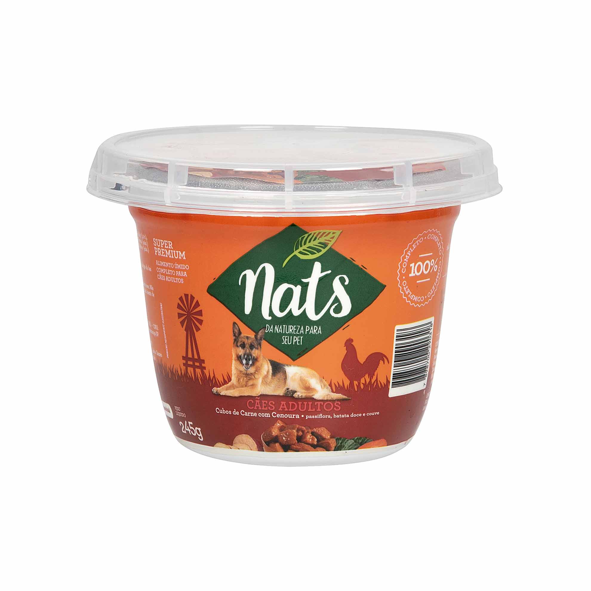 Ração Úmida para Cães Adultos Cubos de Carne com Cenoura Nats 245g