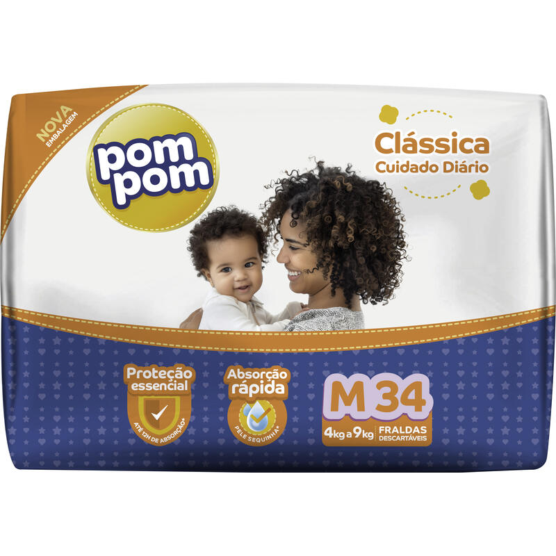 Fralda Descartável Pom Pom Clássica Econômica M 34 un