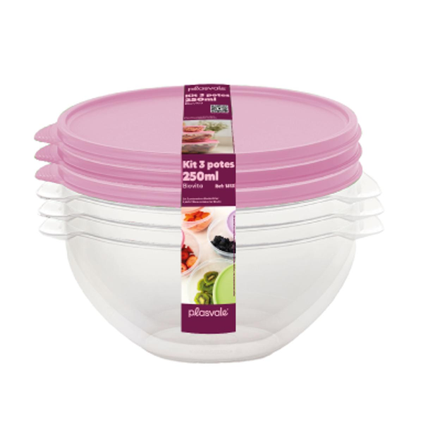 Conjunto de Potes Plasvale 250ml - Com 3 Potes - Redondos - Embalagem Promocional