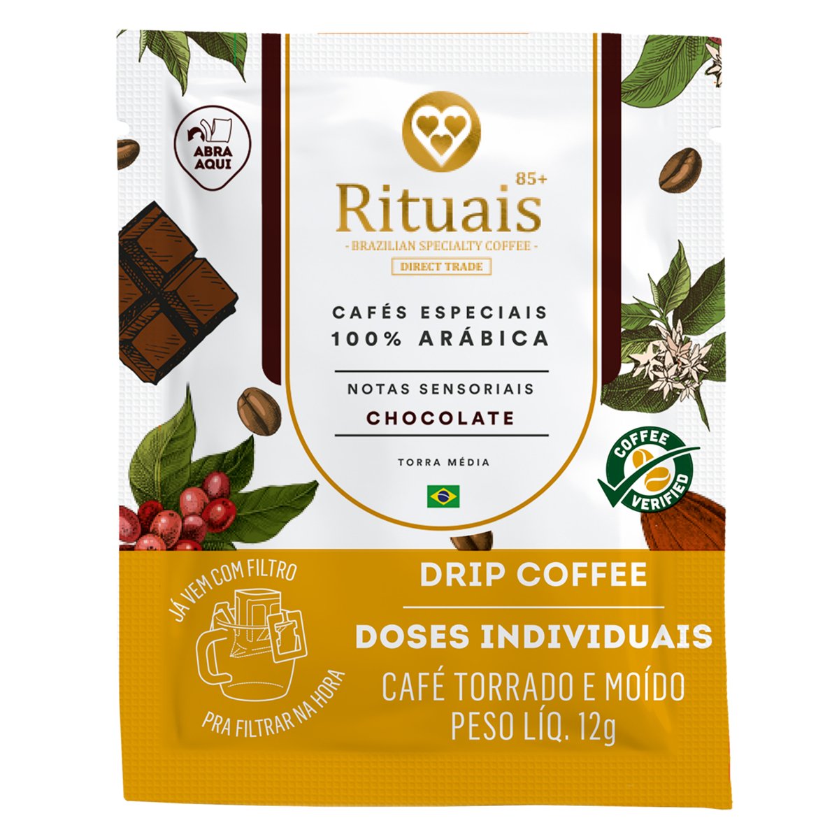 Café em Sachê Torrado e Moído Drip Coffee Chocolate 3 Corações Rituais 85+ Envelope 12g