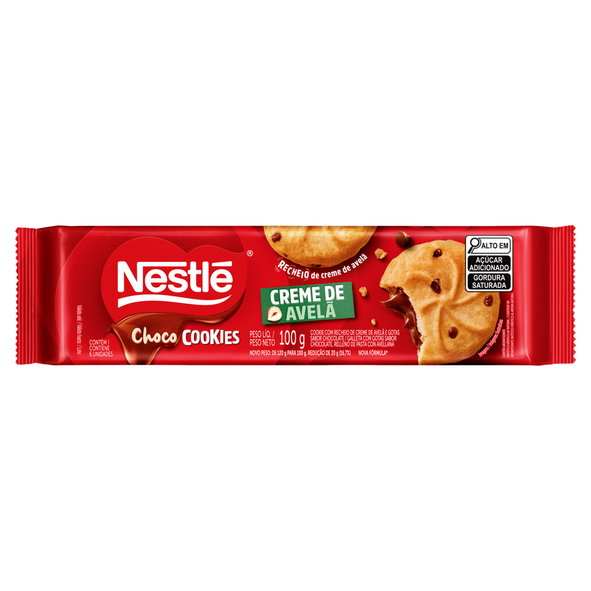 Biscoito Cookie com Gotas de Chocolate Recheio Creme de Avelã Nestlé Choco Cookies Pacote 100g
