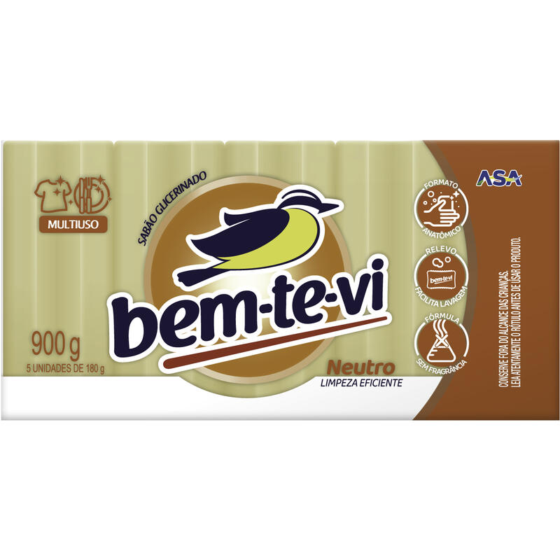 Sabão em Pedaço Bem-te-vi Glicerinado Neutro 5x180g