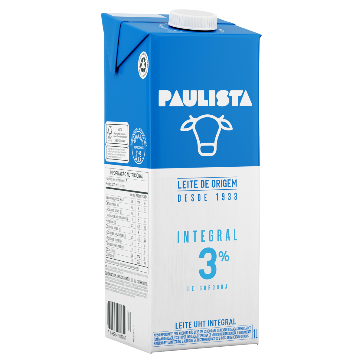 Leite UHT Integral Paulista Caixa com Tampa 1l