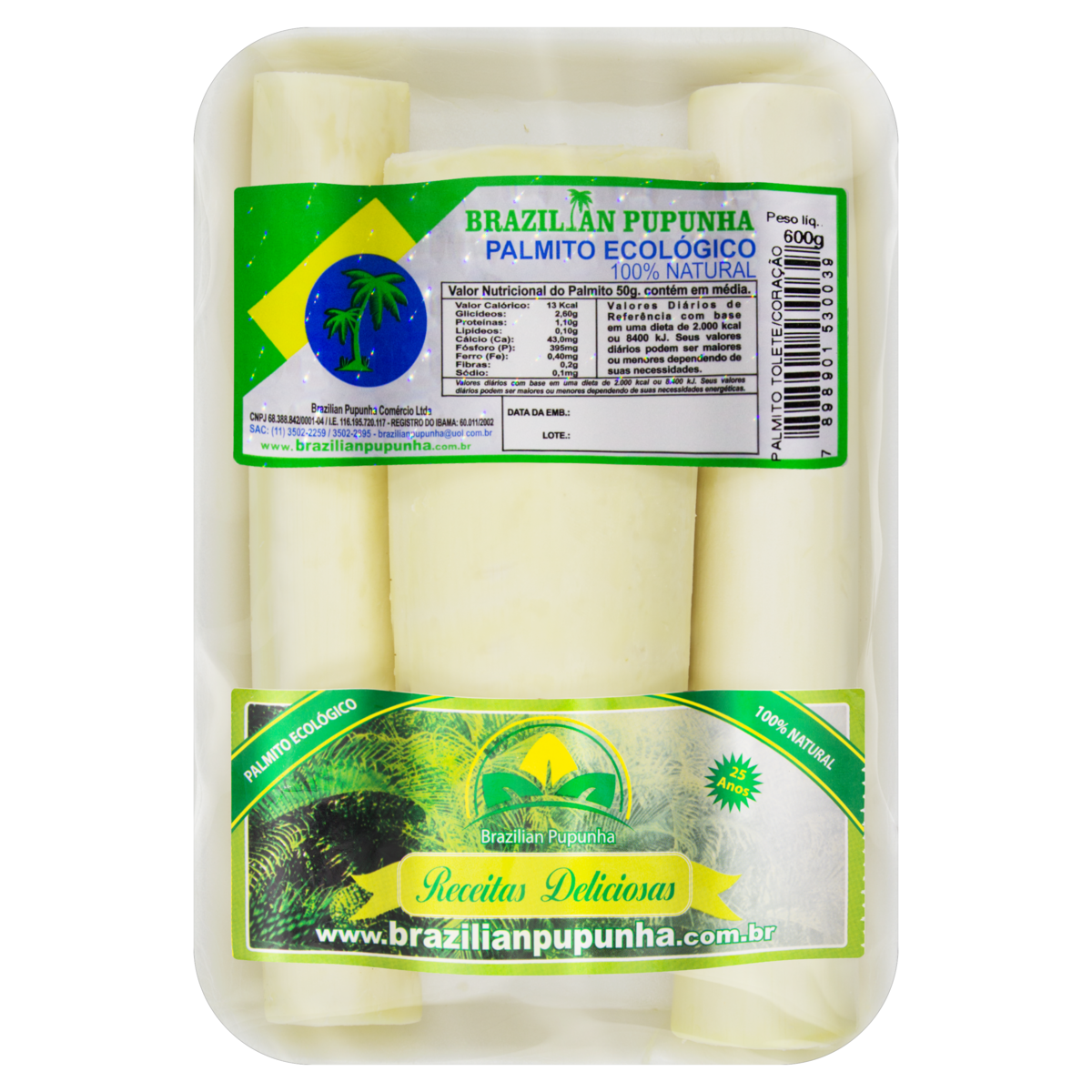 Palmito Tolete Ecológico BRAZILIAN PUPUNHA Bandeja 600g