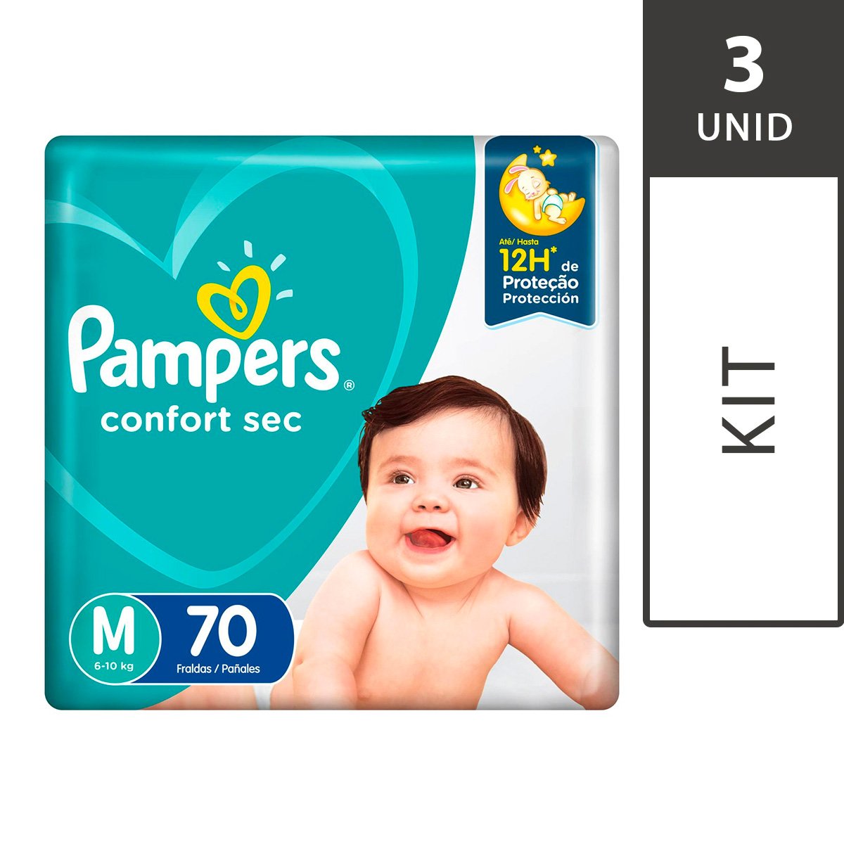 Kit com 3 Fraldas PAMPERS Confort Sec M Super Pack - 70 Unidades Cada
