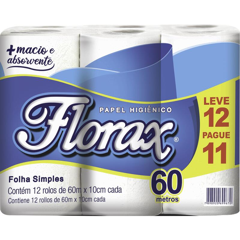 Papel Higiênico Florax Folha Simples 60m LV 12 PG 11 rolos