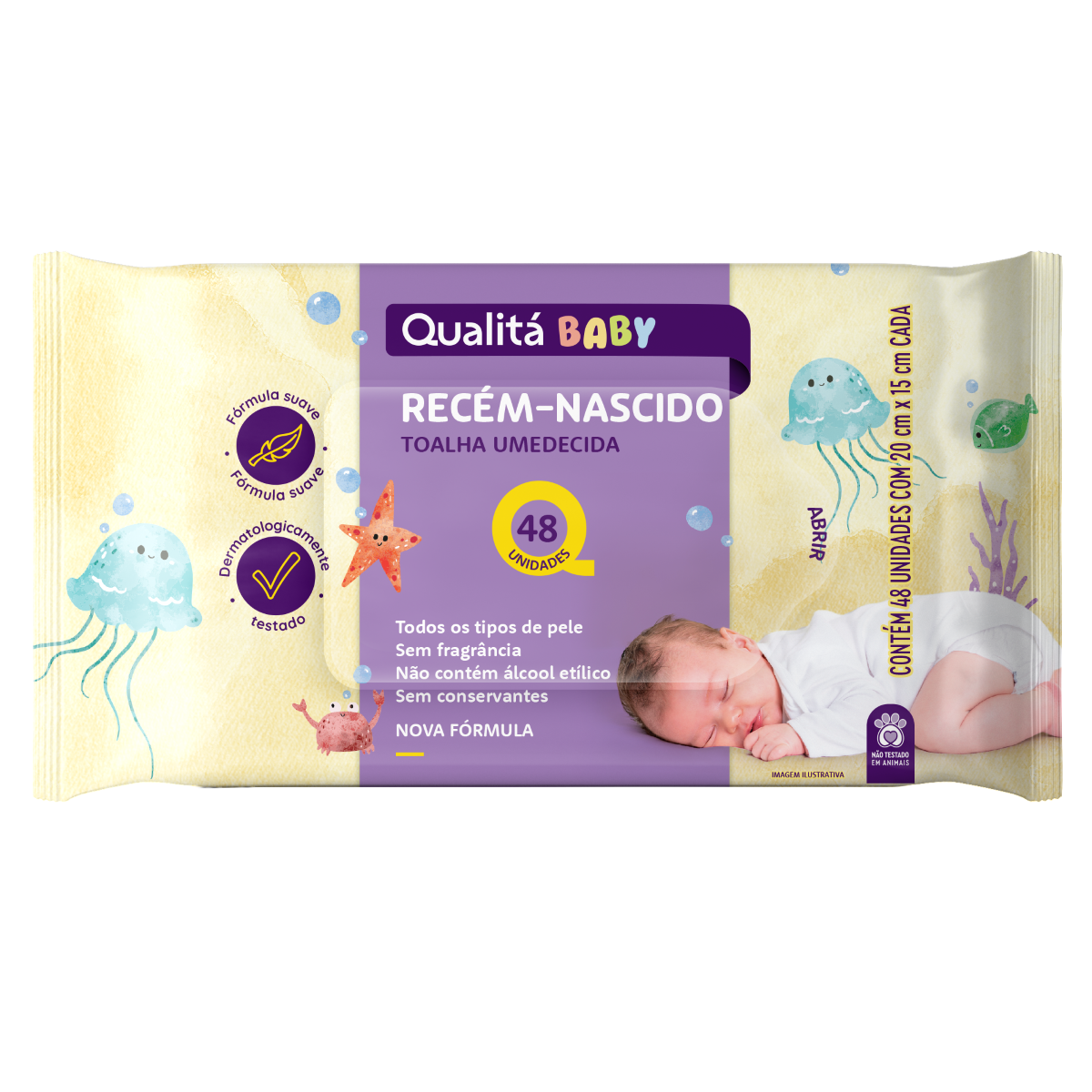 Toalha Umedecida Recém-Nascido sem Perfume Qualitá Pacote 48 Unidades