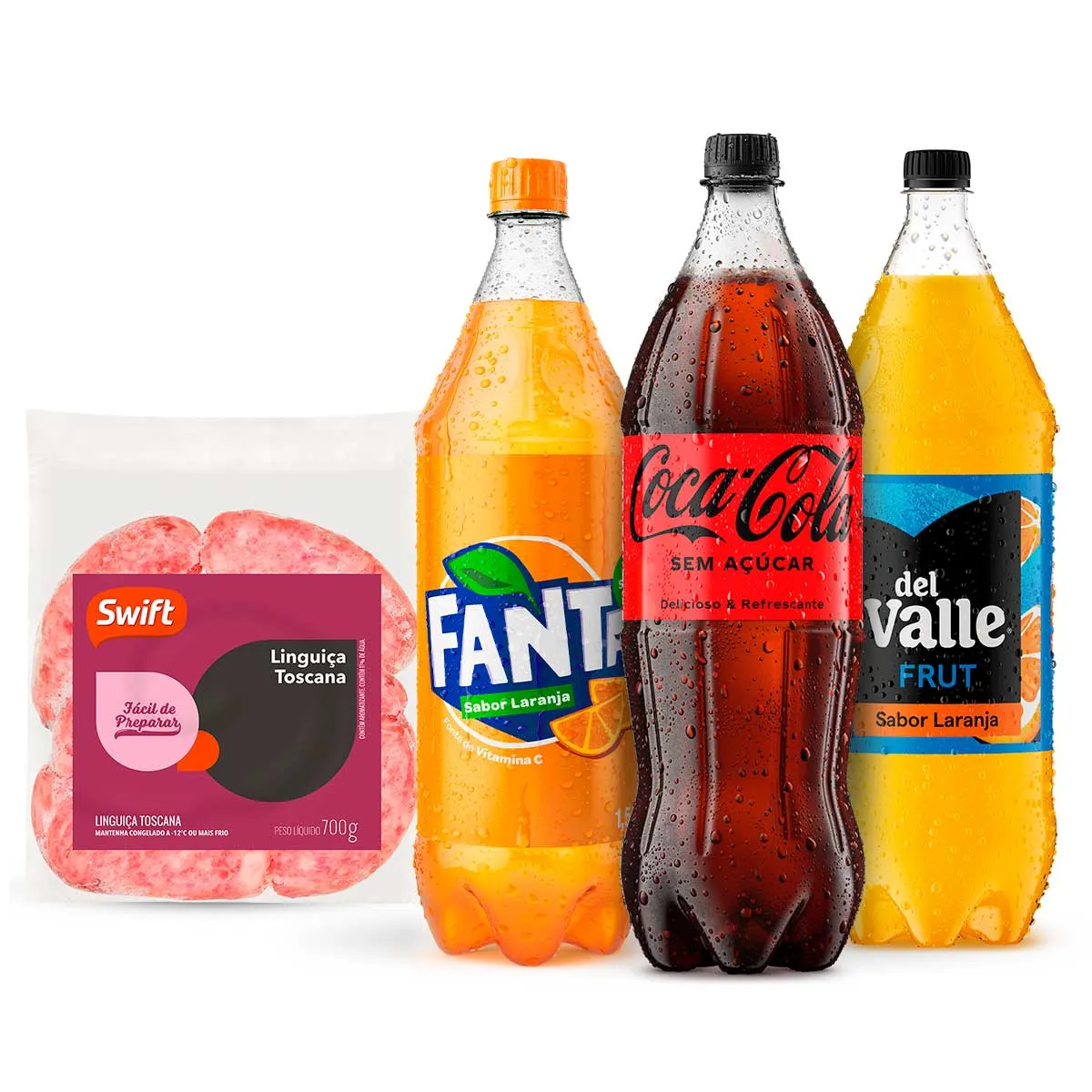 Kit Coca-Cola Zero 1,5L + Fanta Laranja 1,5L + Del Vale Frut Laranja 1,5L + Linguiça Toscana Swift 700g