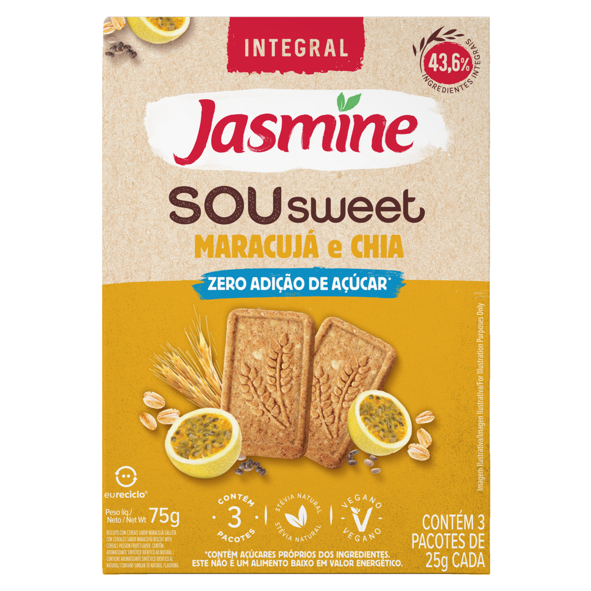 Biscoito Jasmine 75g - Zero Açúcar - Maracujá e Chia