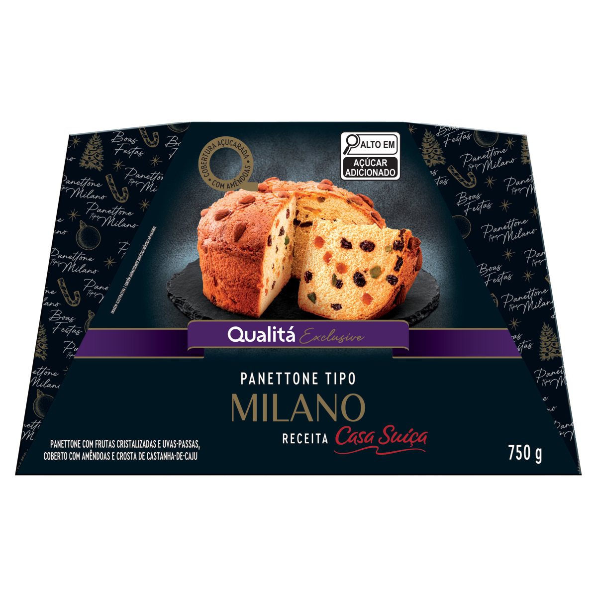 Panettone Milano com Frutas Cristalizadas e Uvas-Passas Cobertura Açucarada com Amêndoas e Crosta de Castanha-de-Caju Qualitá Exclusive Caixa 750g