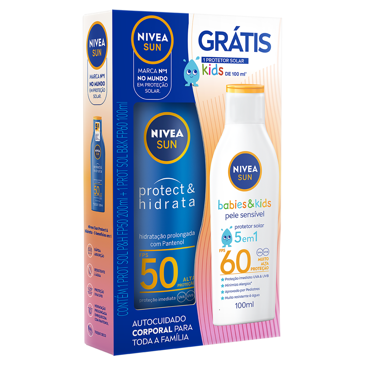 Kit Protetor Solar Protect e Hidrata FPS 50 200ml Grátis Protetor Solar Sensitive Kids FPS 60 100ml Nivea Sun
