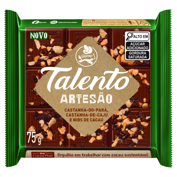 Chocolate TALENTO Artesão Castanha de Caju, Castanha do Pará e Nibs de Cacau 75g