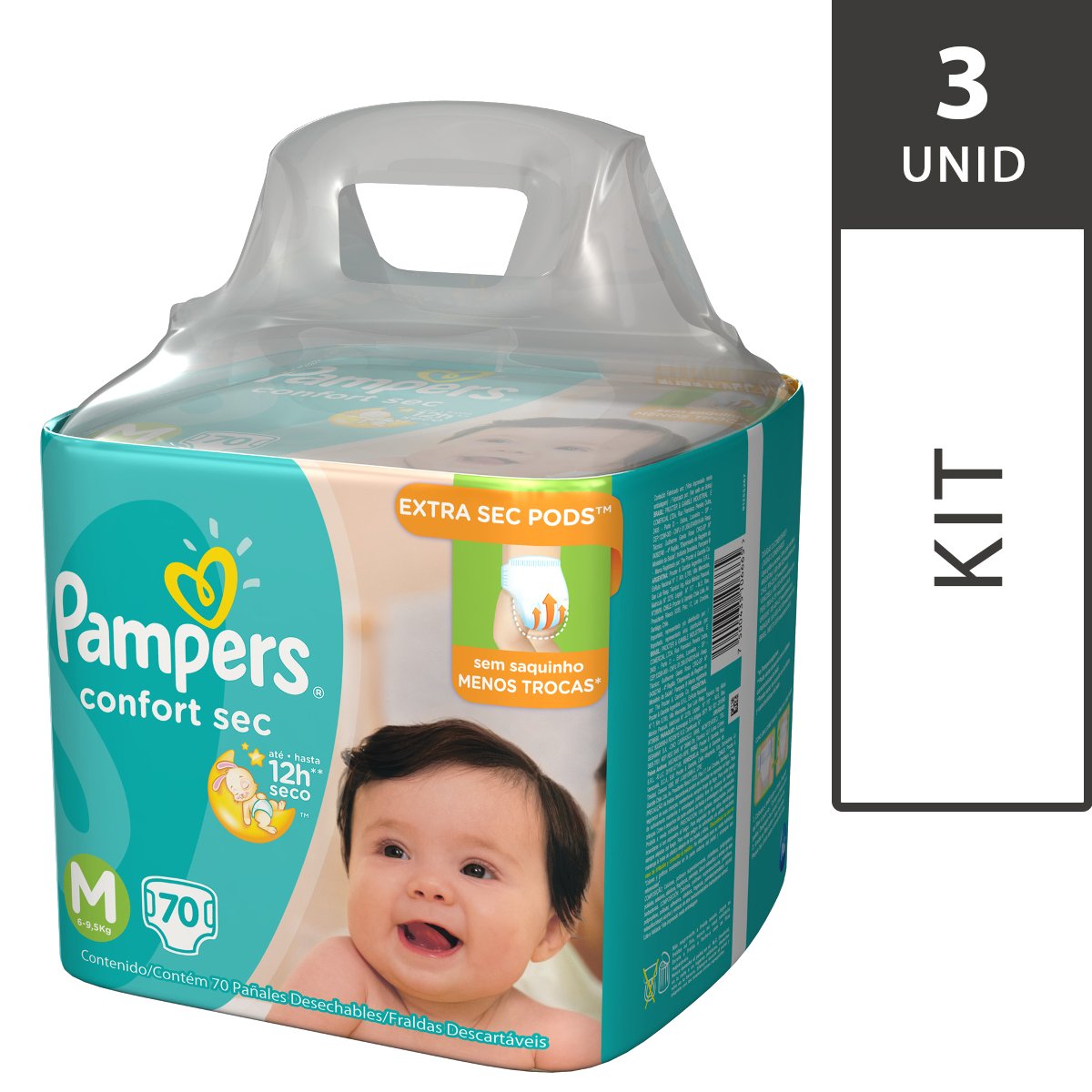 Kit com 3 Fraldas PAMPERS Confort Sec M Super Pack - 210 Fraldas