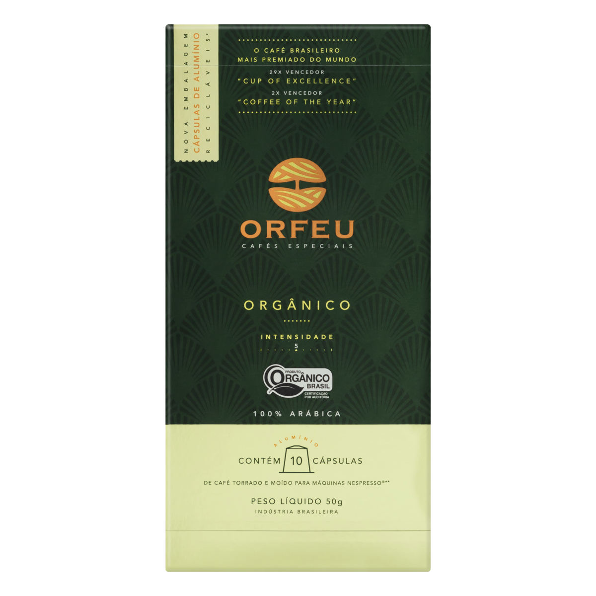 Café em Cápsula Torrado e Moído Orgânico Orfeu Caixa 50g 10 Unidades