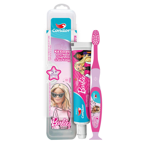 Kit Escova Macia + Gel Dental com Flúor Morango 50g Barbie CONDOR Kids+ Grátis Estojo Protetor