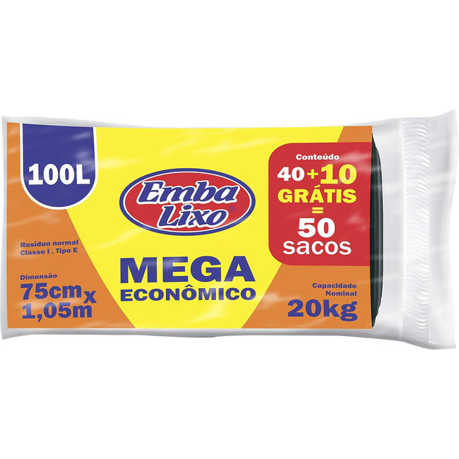 Saco para Lixo Tipo E 100l Embalixo 40 Unidades Grátis 10 Unidades Mega Econômico