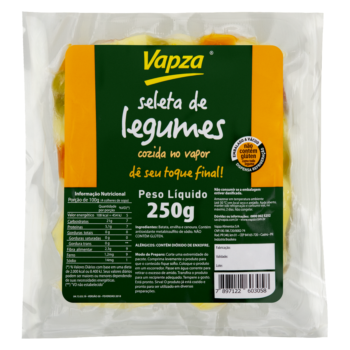Seleta de Legumes Cozida no Vapor Vapza Pacote 250g