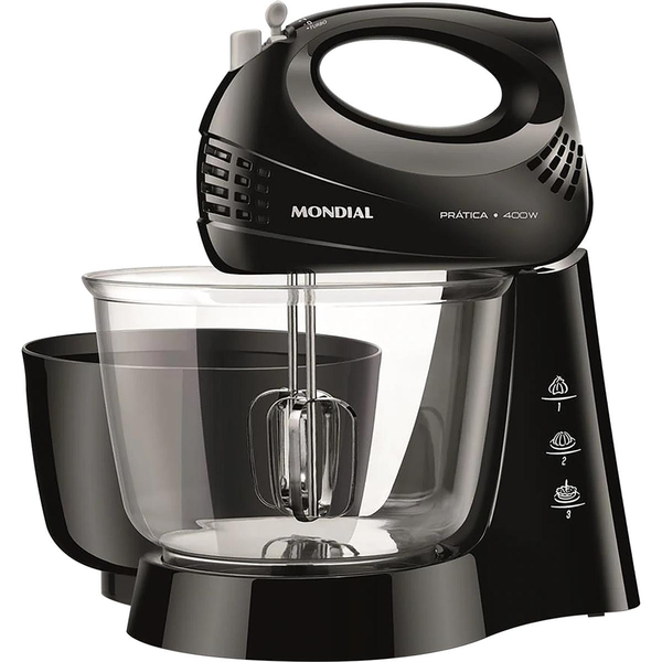 Batedeira Mondial B-45-B 127V - Preta - Potência de 400W - 3 Velocidades + Turbo - 2 Tigelas - 1 Par de Batedores de Aço Inox