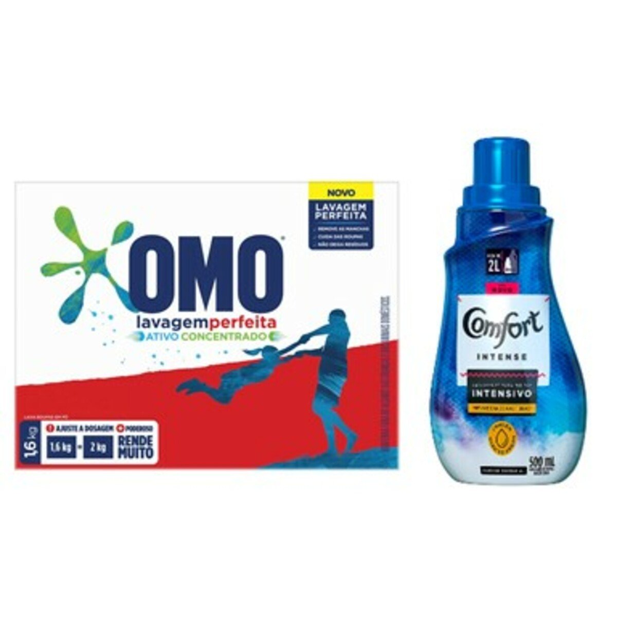 Kit com 1 Sabão em Pó OMO Lavagem Perfeita 1.6Kg + 1 Amaciante Comfort Intense Original 500Ml