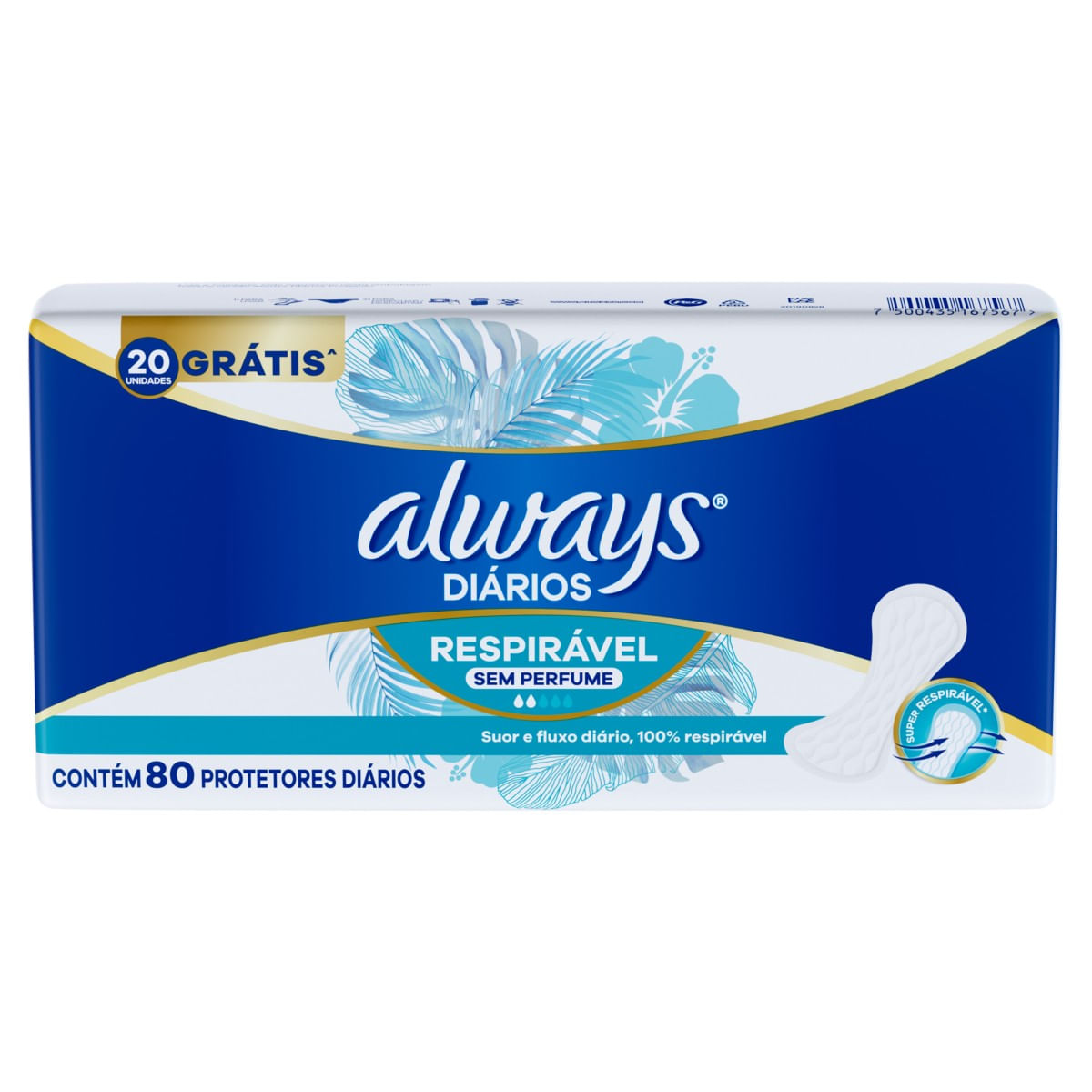 Protetor Diário sem Abas Respirável sem Perfume Always Pacote 80 Unidades Grátis 20 Unidades