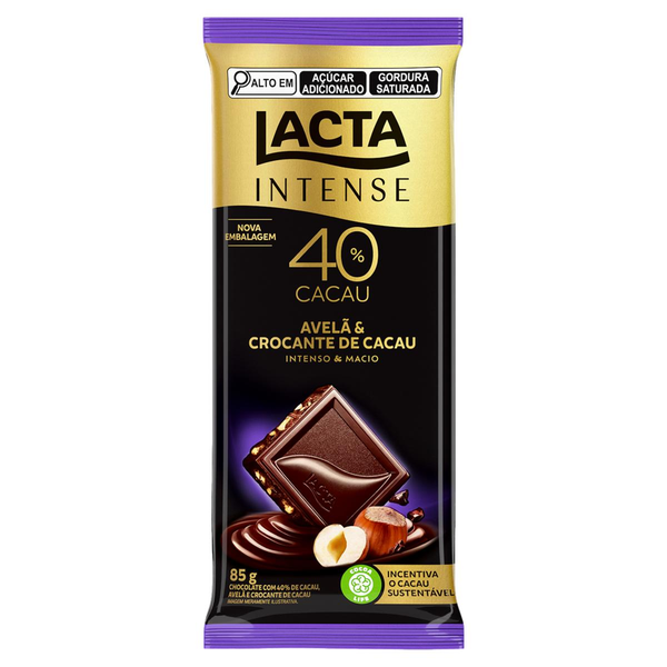Chocolate Lacta Intense Meio Amargo 40% Cacau Avelã e Crocante de Cacau 85g