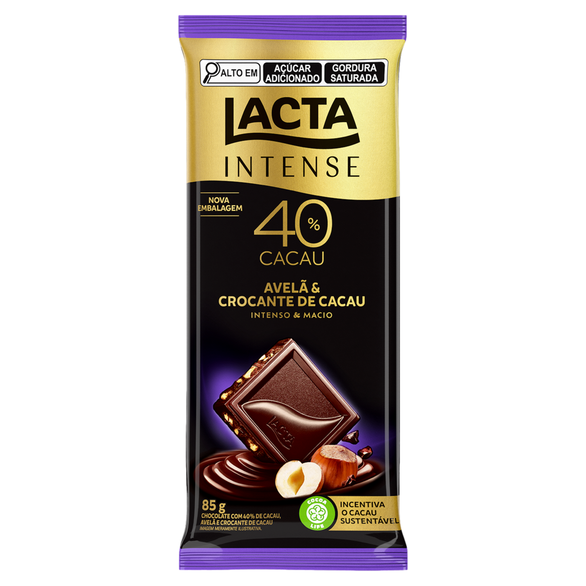 Chocolate Lacta Intense Meio Amargo 40% Cacau Avelã e Crocante de Cacau 85g