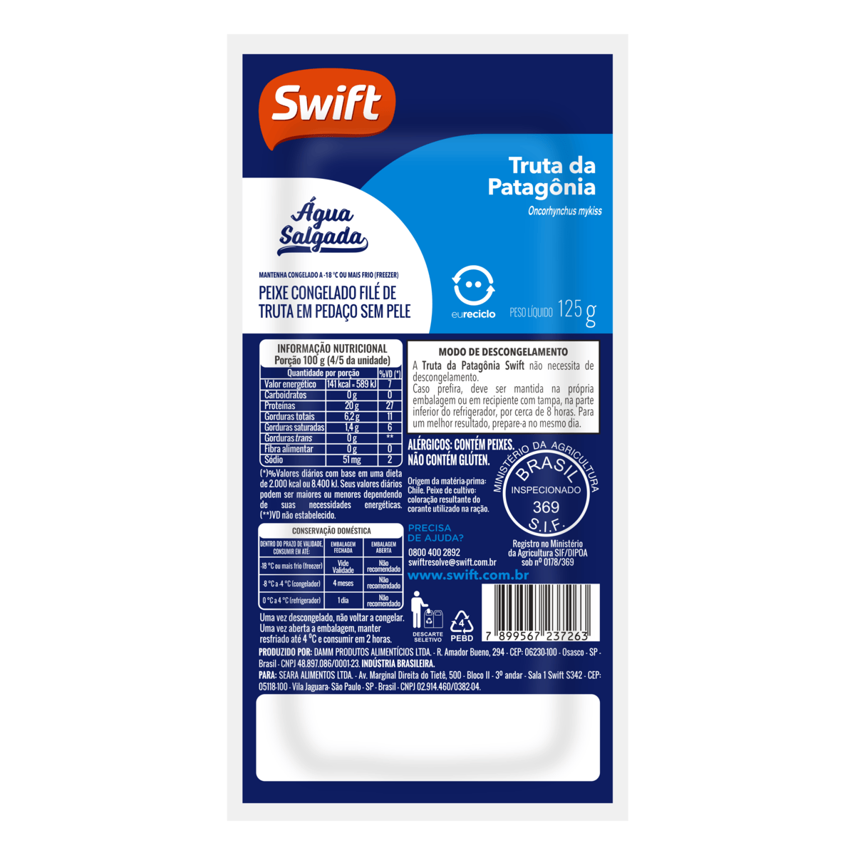 Filé de Truta Congelado em Pedaços Oncorhynchus Mykiss sem Pele Swift Pacote 125g