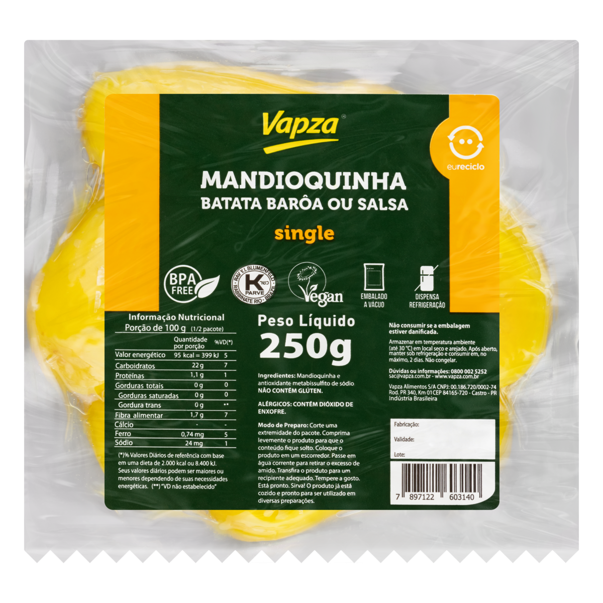 Mandioquinha Cozida no Vapor Vapza Pacote 250g