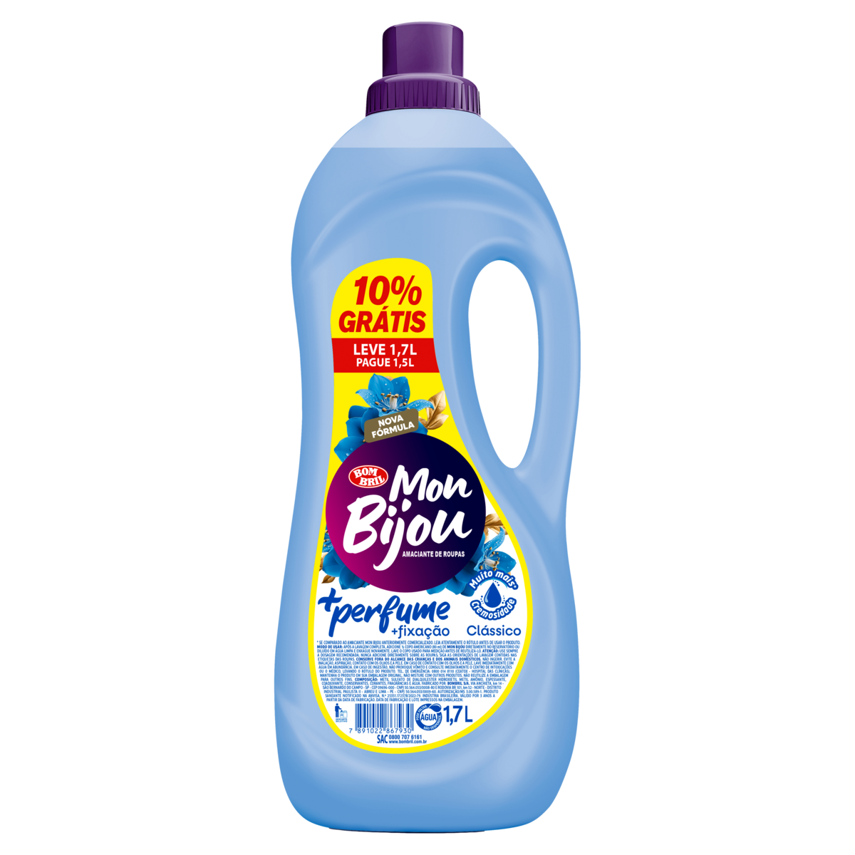 Amaciante de Roupa Clássico Mon Bijou +Perfume Frasco Leve 1,7l Pague 1,5l