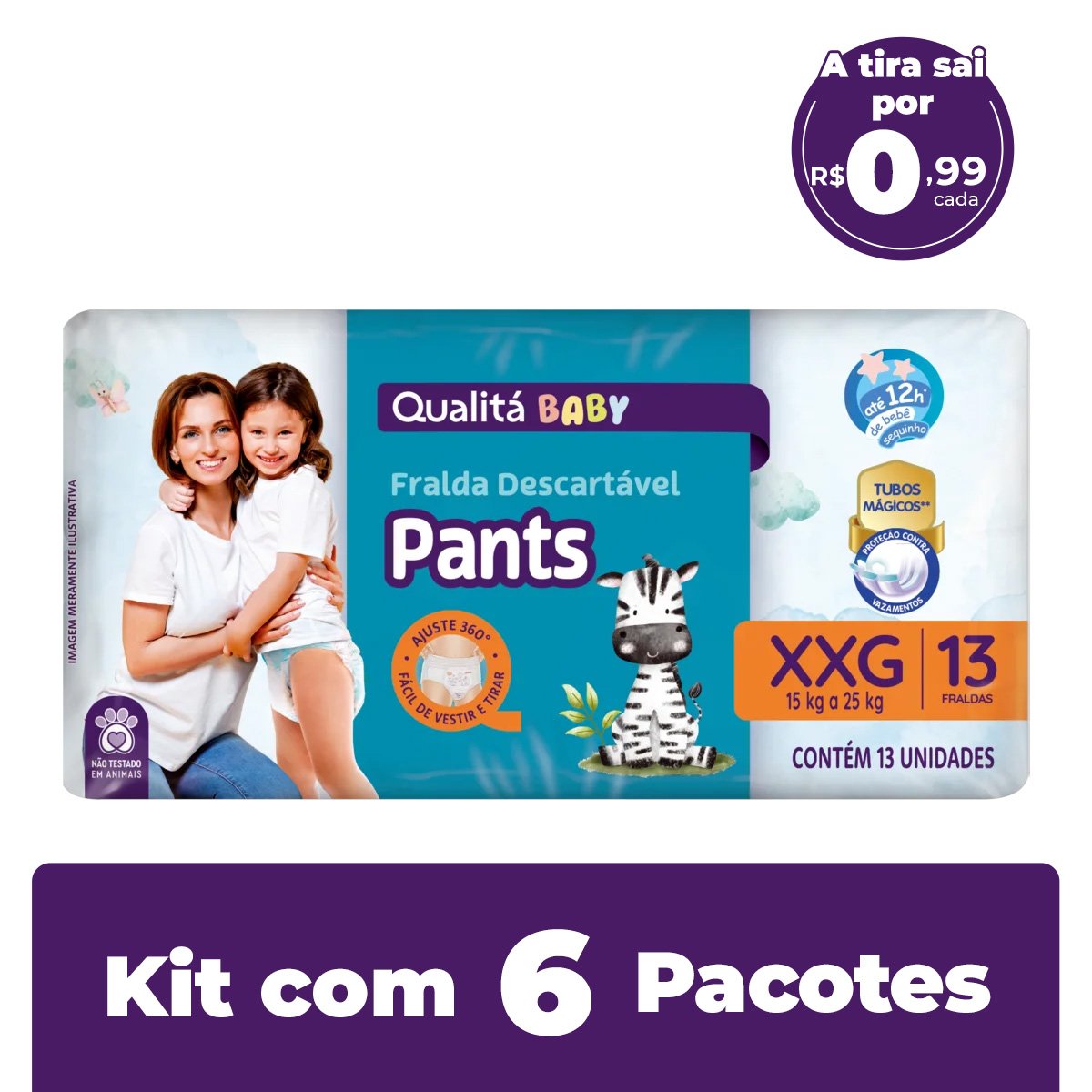 Kit com 6 Pacotes de Fralda Descartável Pants Qualitá Baby XXG Pacote 13 Unidades