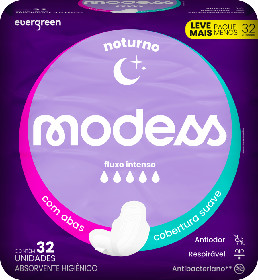 Absorvente Evergreen Modess com Abas 348g 32 Unidades