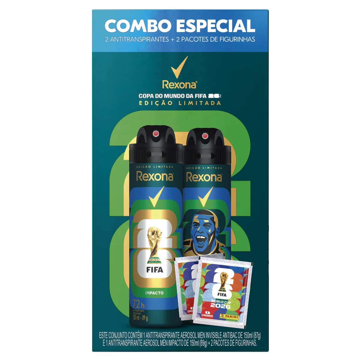 Kit Antitranspirante Aerossol Impacto + Invisible Antibac Rexona Men 150ml Cada Spray Edição Limitada FIFA 26